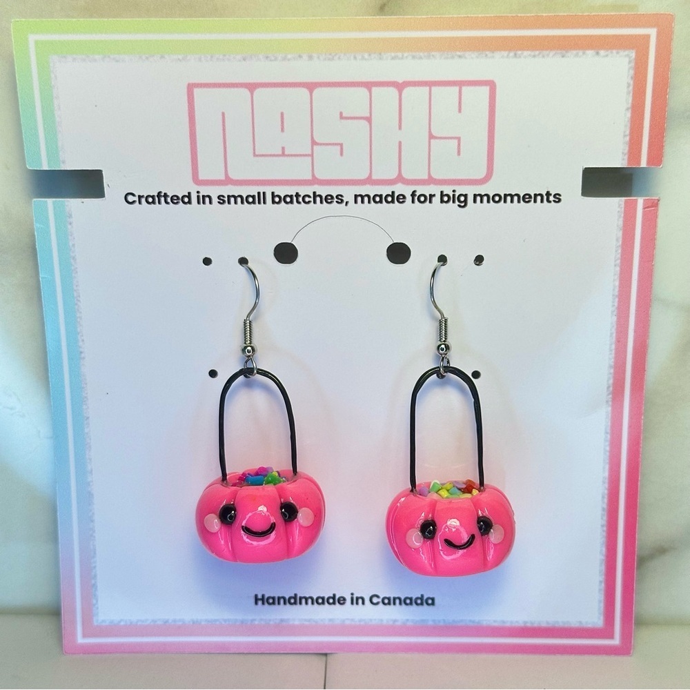 Pink Halloween Pumpkin Trick-or-Treat Basket - Handmade Earrings